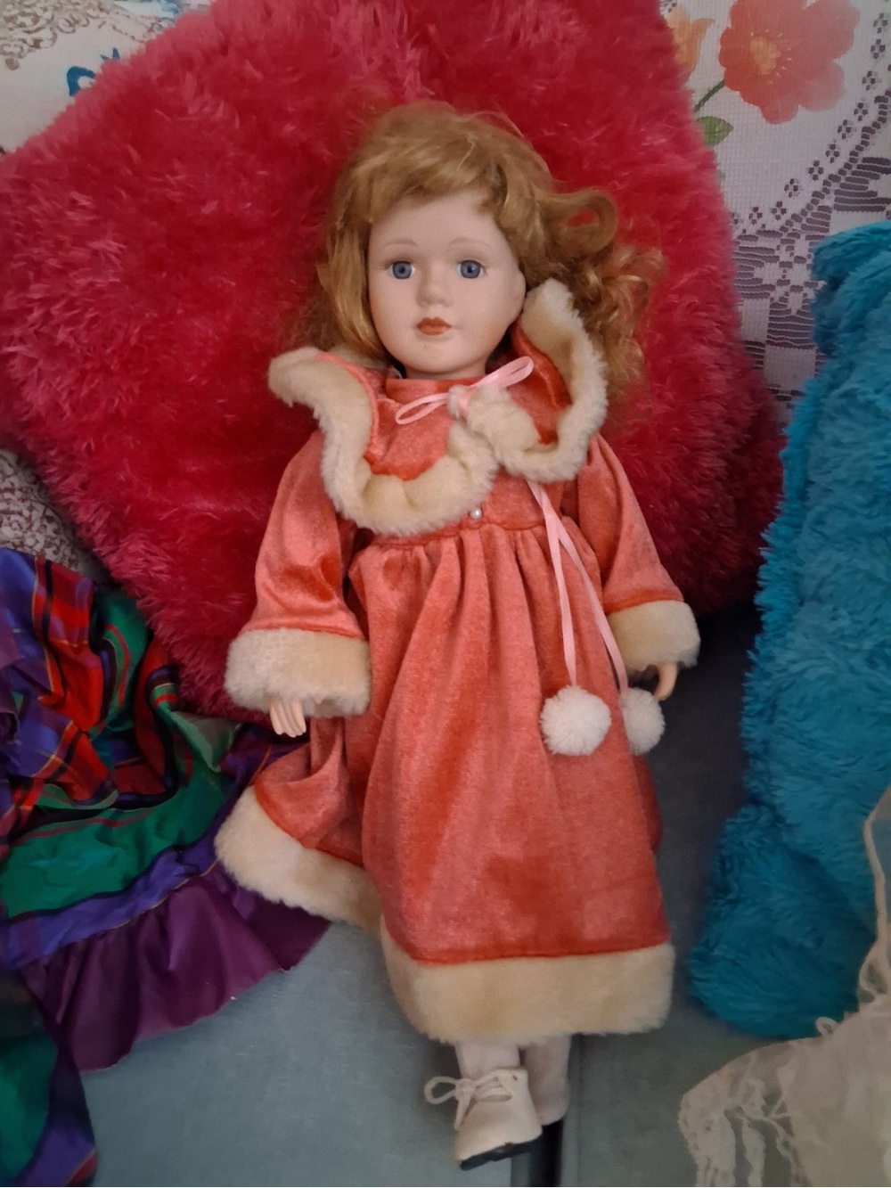 Classic Porcelain Doll in Peach Dress with Faux Fur Trim